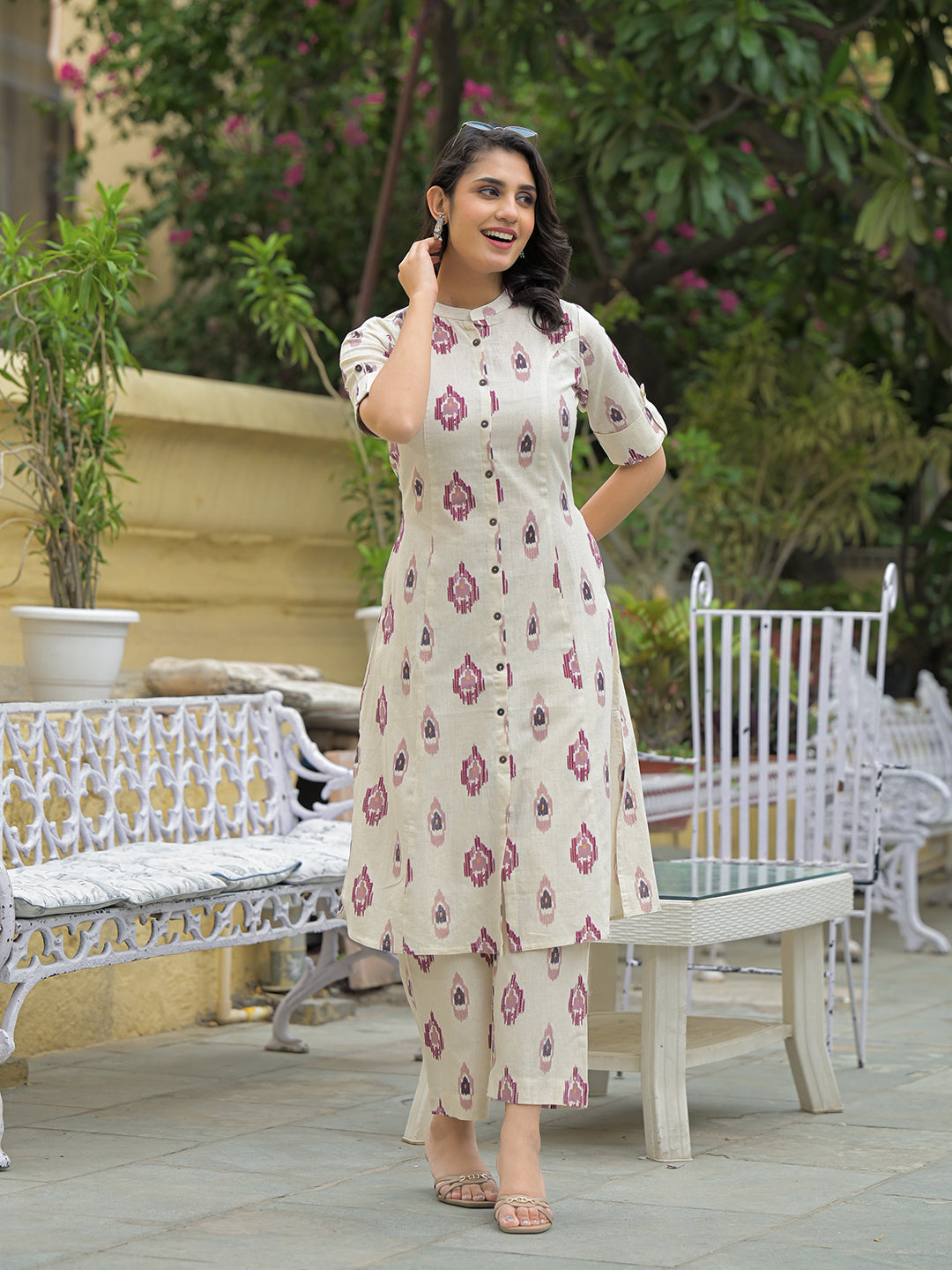 Noe Velarro Off White Cotton Printed Kurta Pant Set