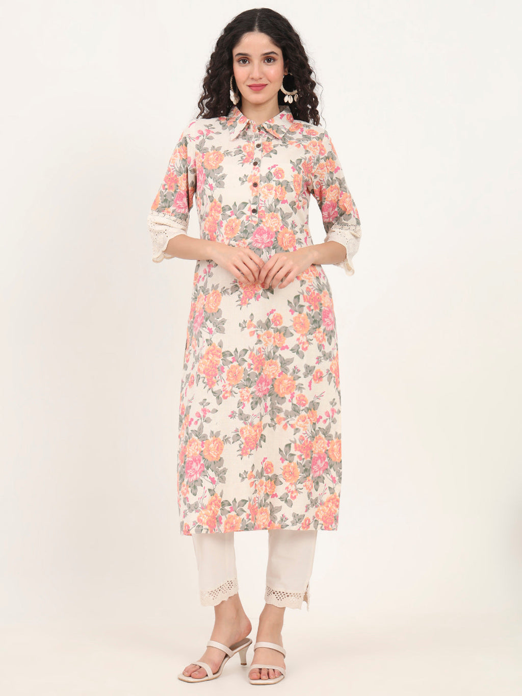 Noe Velarro Pink Floral Printed Cotton Kurta