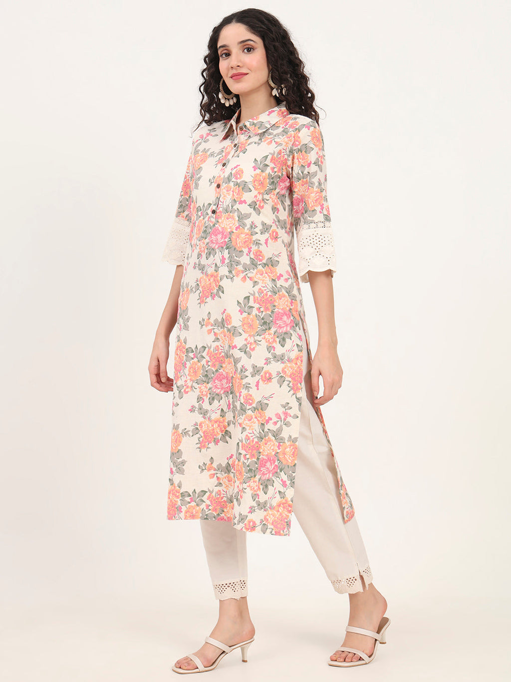 Noe Velarro Pink Floral Printed Cotton Kurta