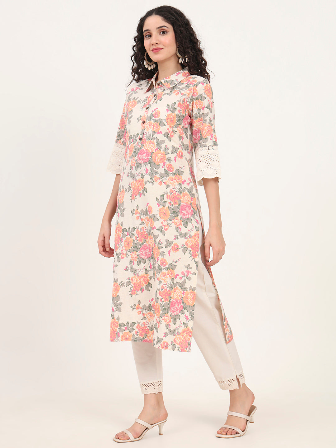 Noe Velarro Pink Floral Printed Cotton Kurta