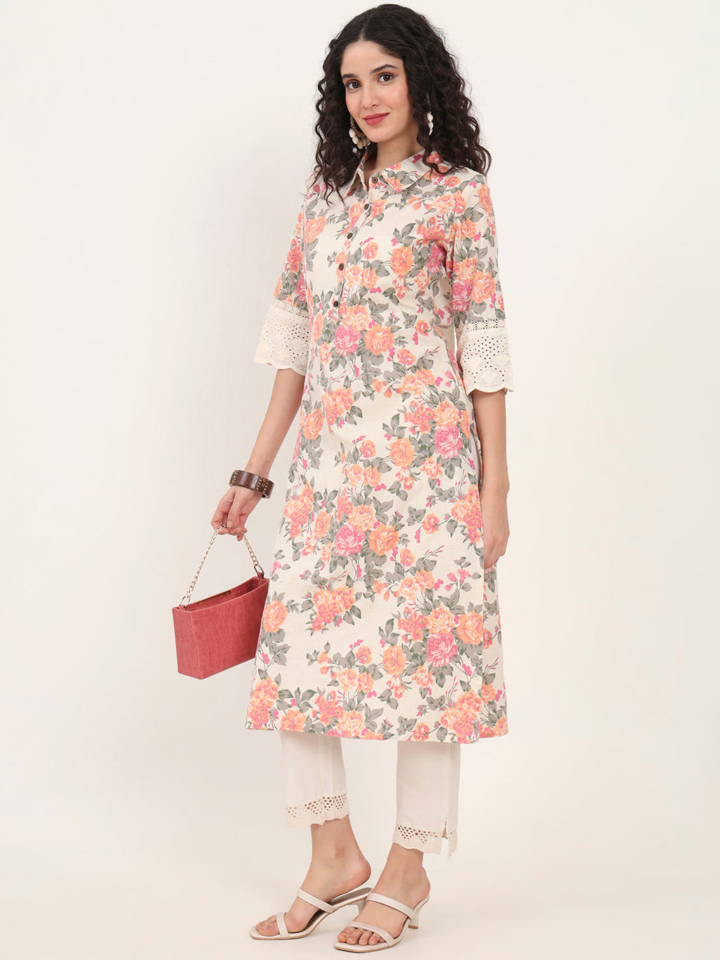 Noe Velarro Pink Floral Printed Cotton Kurta