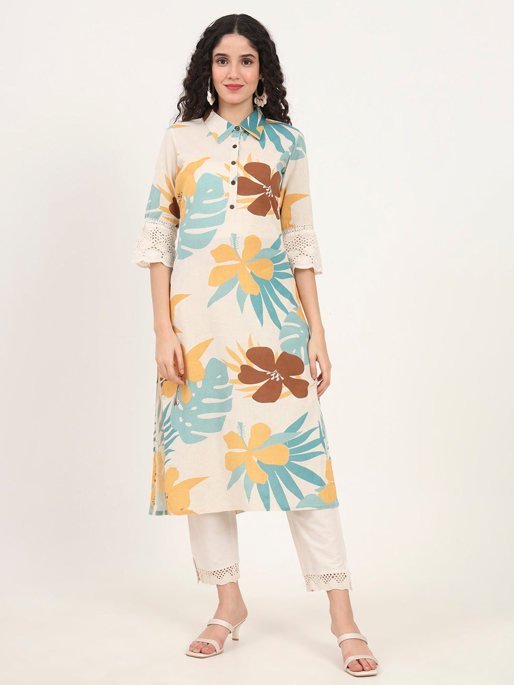 Noe Velarro Teal Floral Printed Cotton Kurta