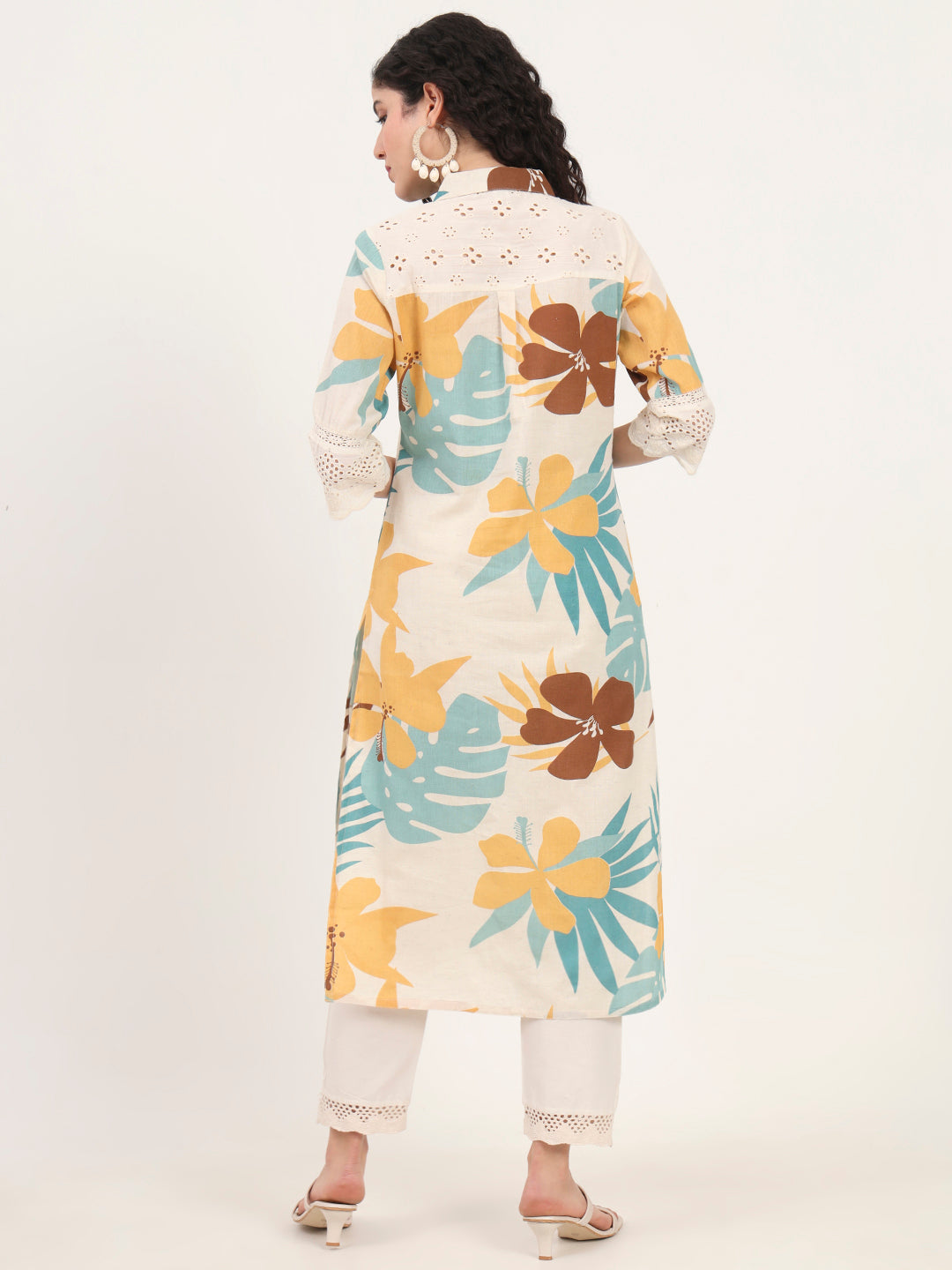 Noe Velarro Teal Floral Printed Cotton Kurta