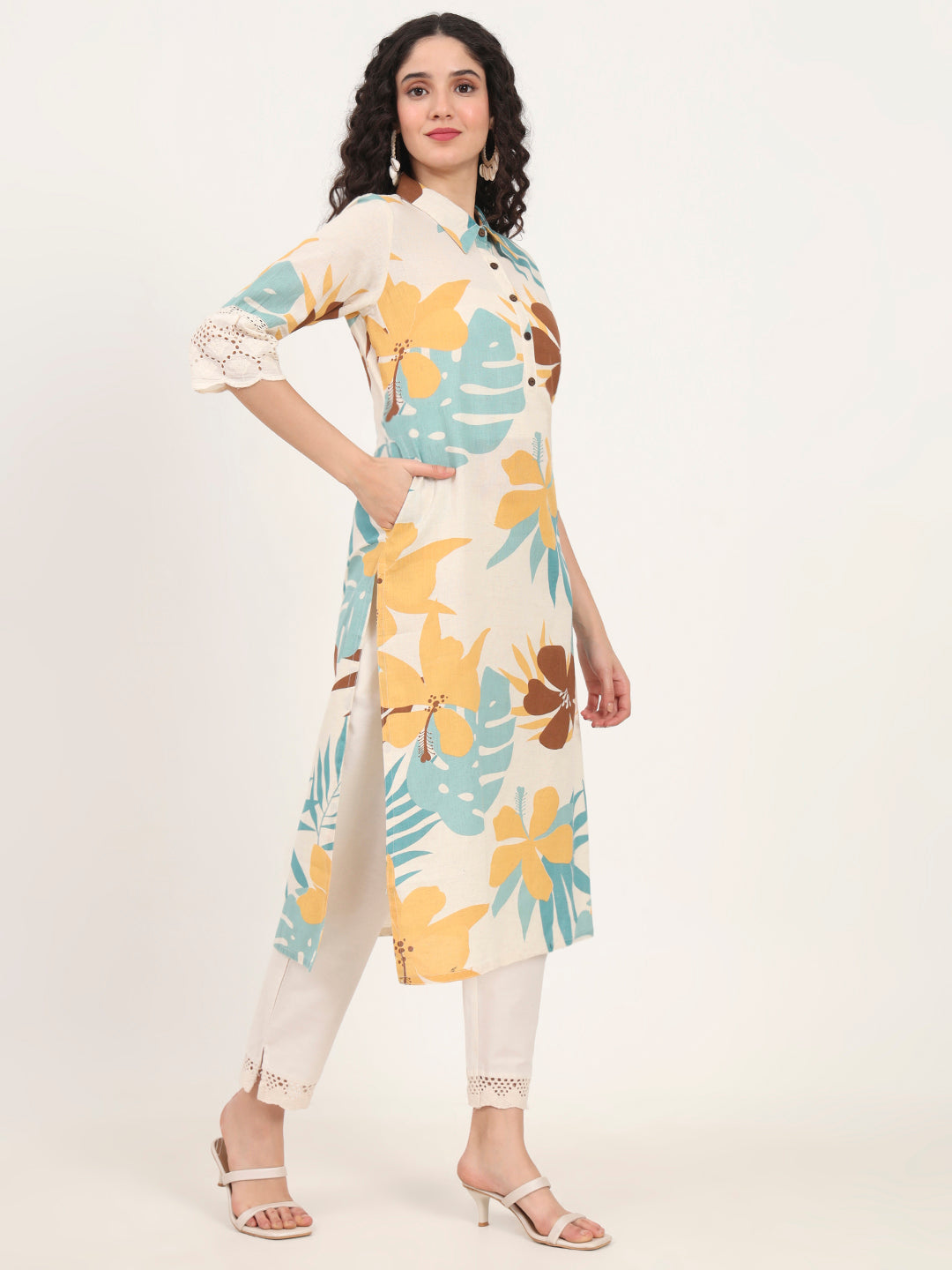 Noe Velarro Teal Floral Printed Cotton Kurta