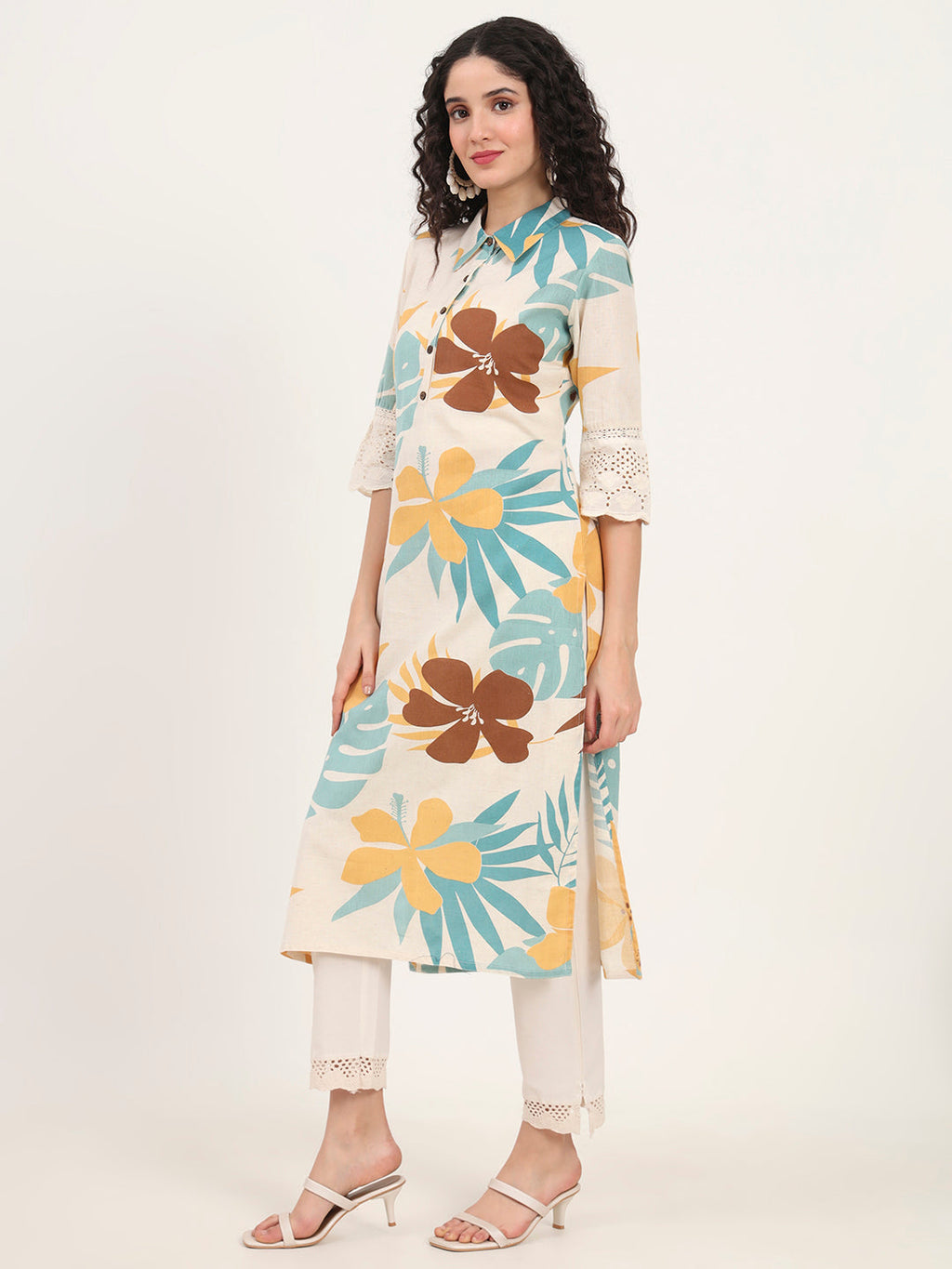 Noe Velarro Teal Floral Printed Cotton Kurta
