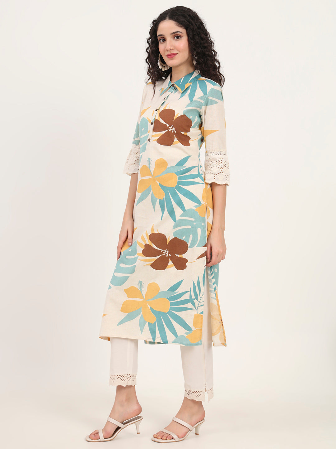 Noe Velarro Teal Floral Printed Cotton Kurta