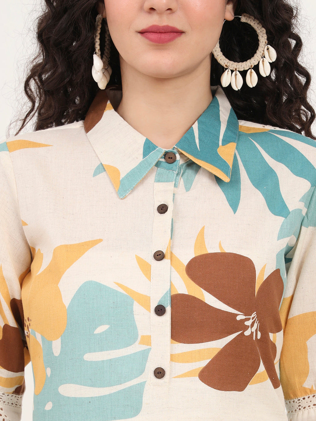 Noe Velarro Teal Floral Printed Cotton Kurta