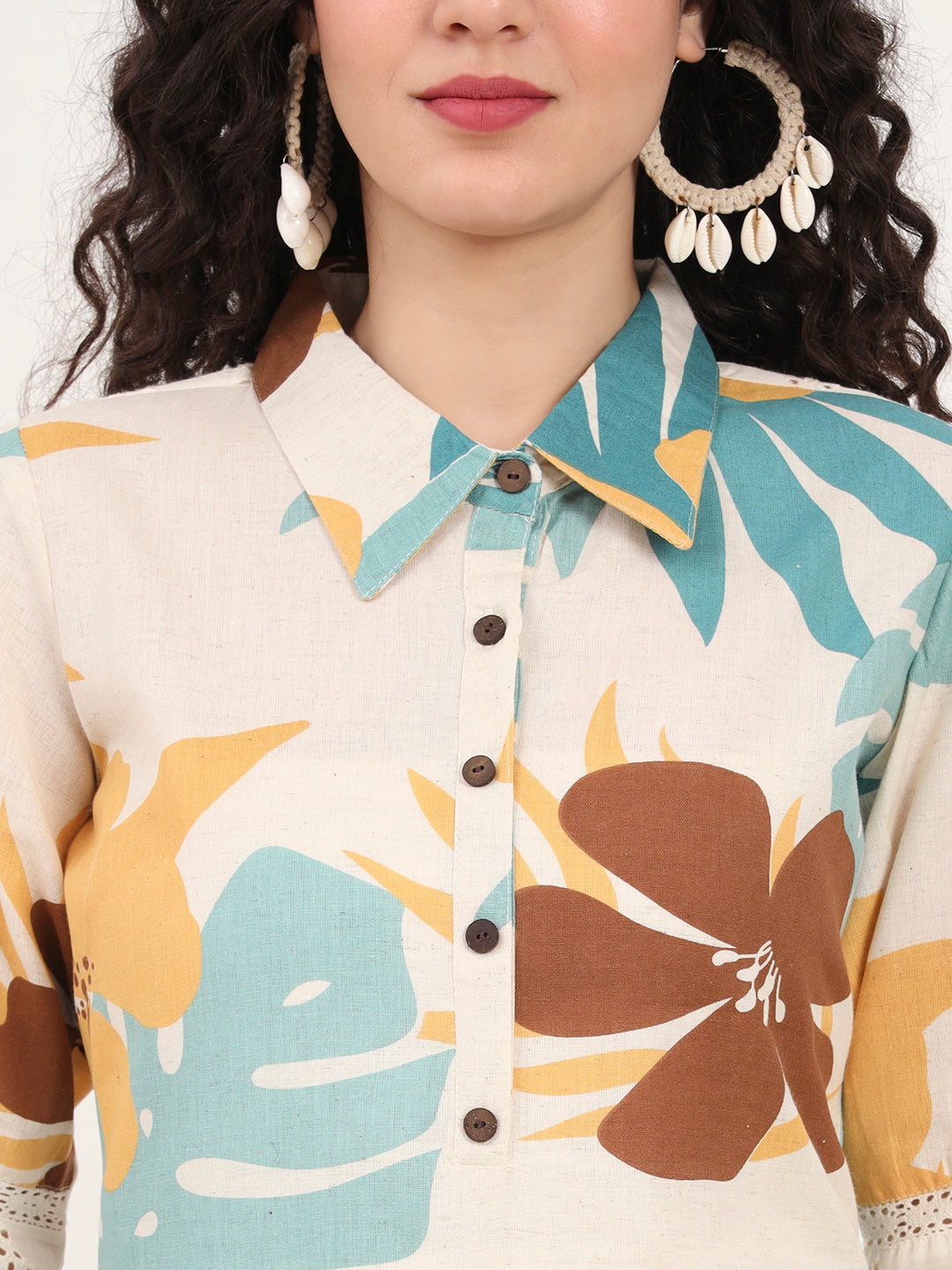 Noe Velarro Teal Floral Printed Cotton Kurta
