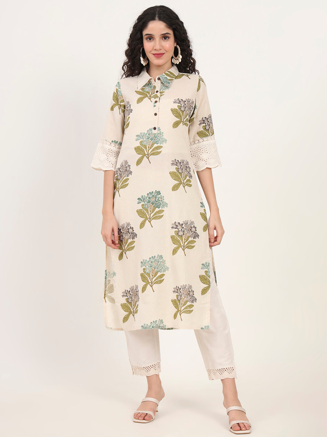Noe Velarro Green Floral Printed Cotton Kurta