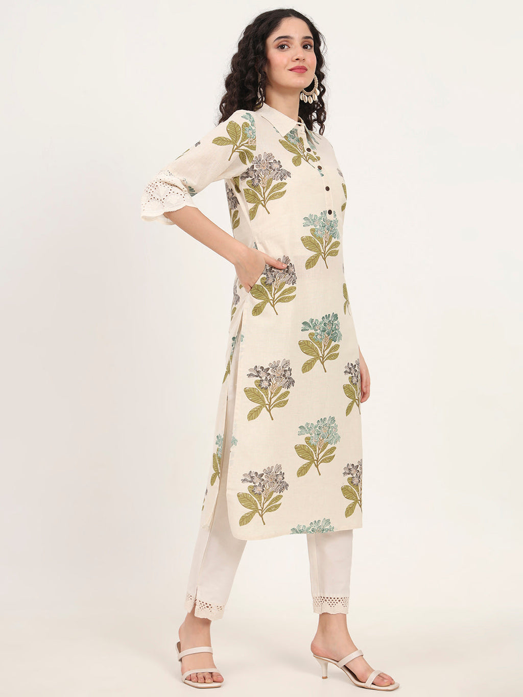 Noe Velarro Green Floral Printed Cotton Kurta