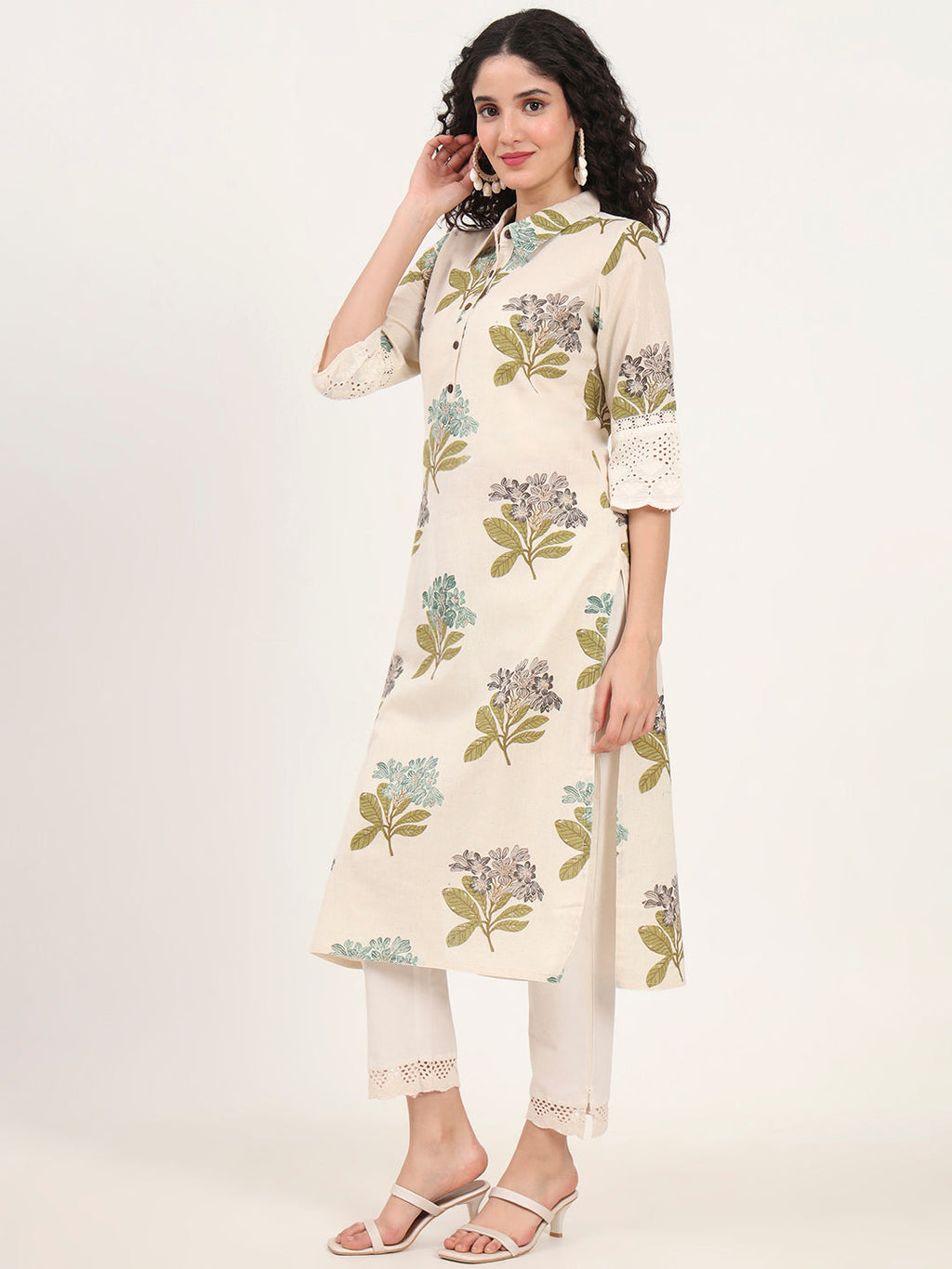 Noe Velarro Green Floral Printed Cotton Kurta