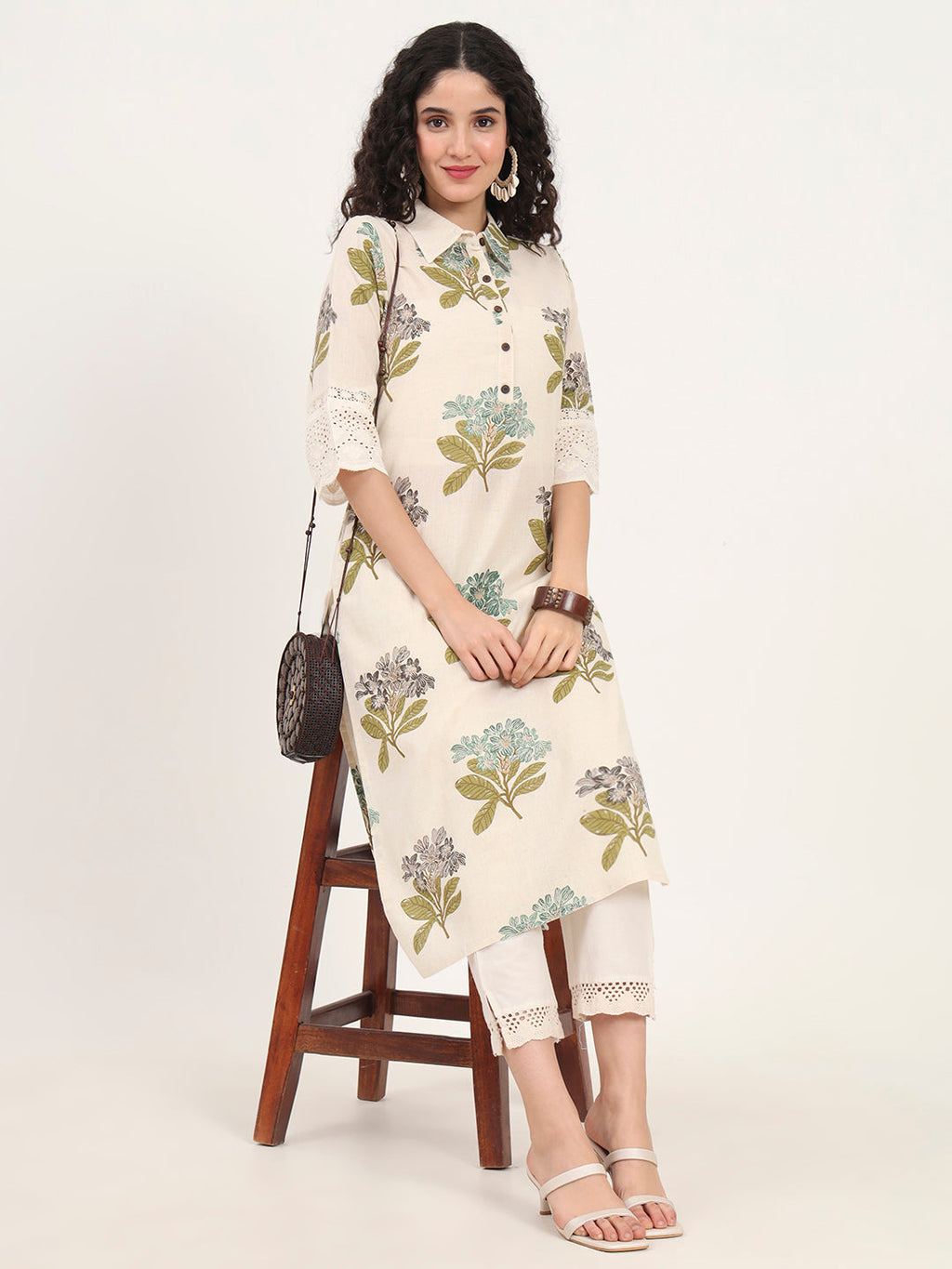 Noe Velarro Green Floral Printed Cotton Kurta