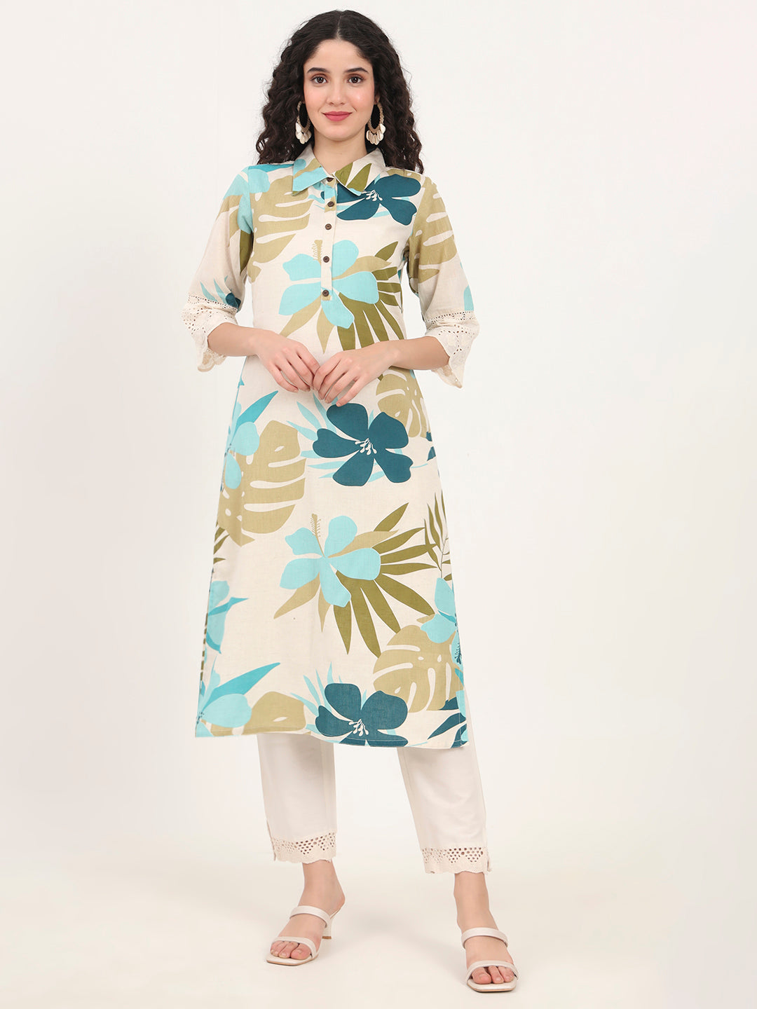 Noe Velarro Blue Floral Printed Cotton Kurta