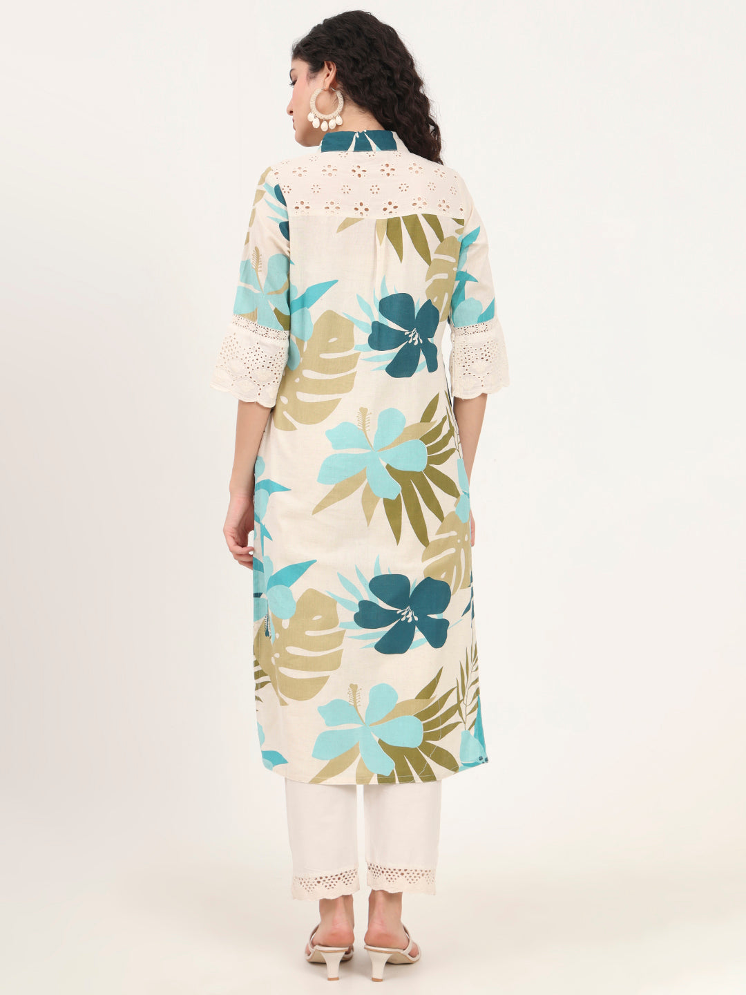 Noe Velarro Blue Floral Printed Cotton Kurta
