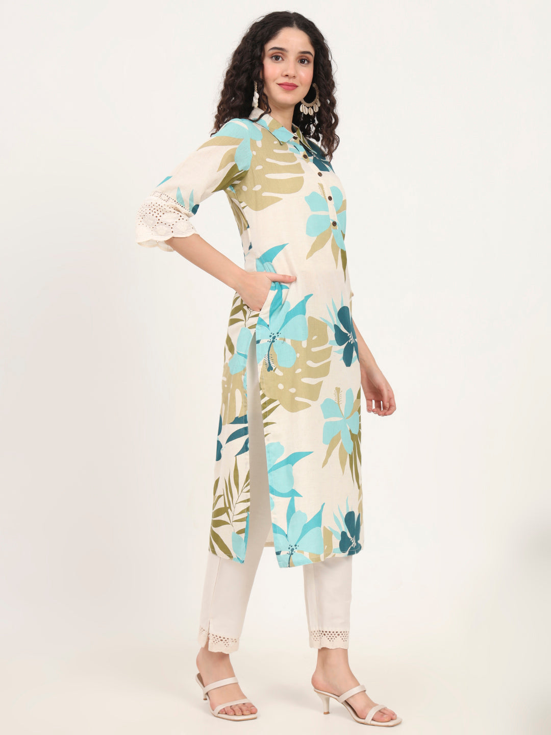 Noe Velarro Blue Floral Printed Cotton Kurta