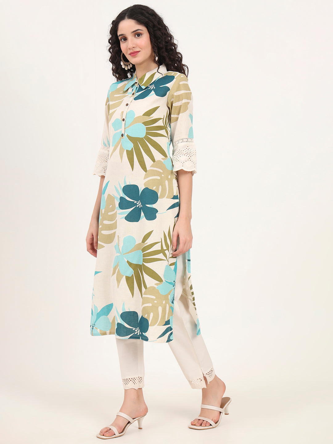 Noe Velarro Blue Floral Printed Cotton Kurta