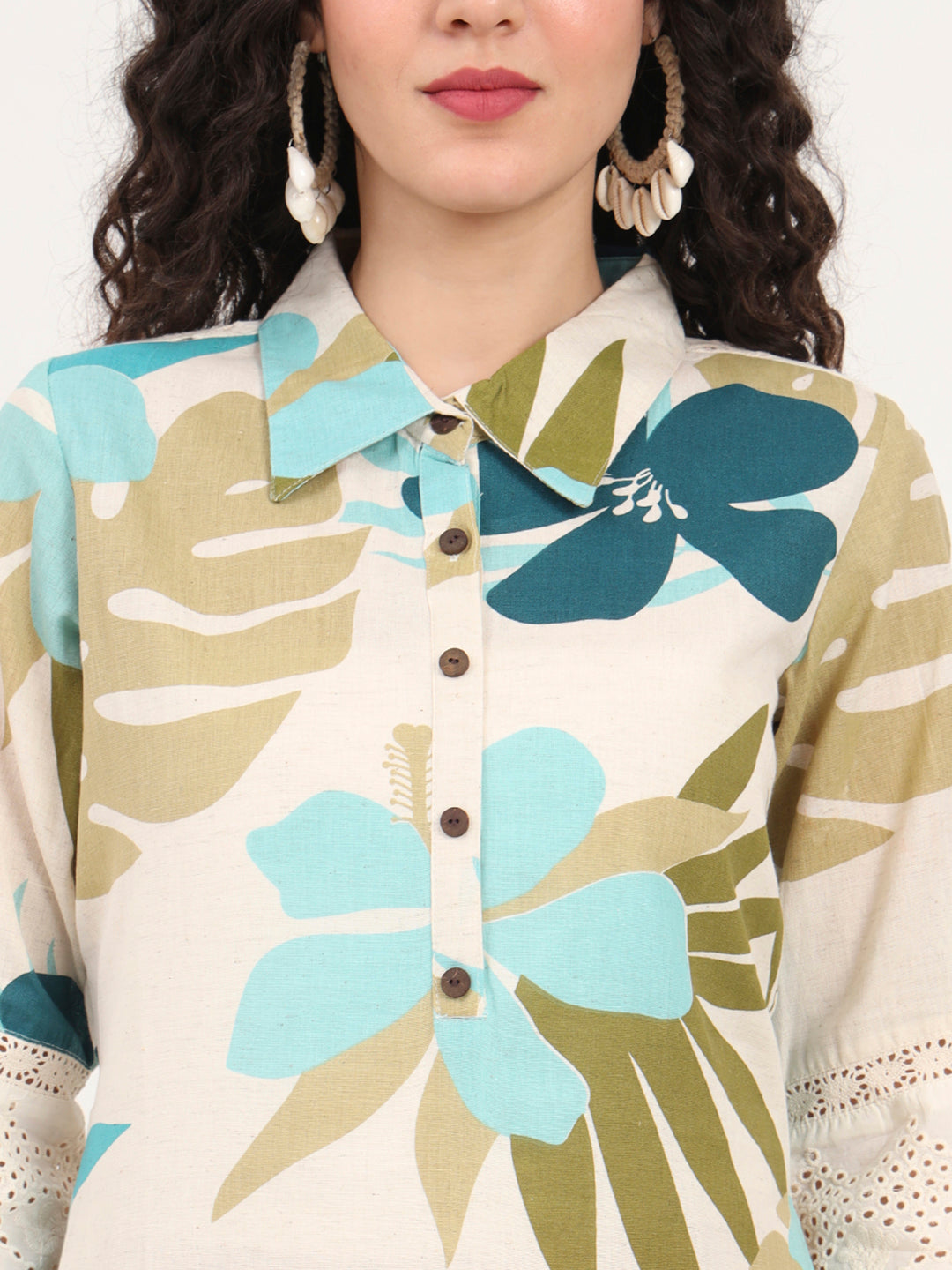 Noe Velarro Blue Floral Printed Cotton Kurta