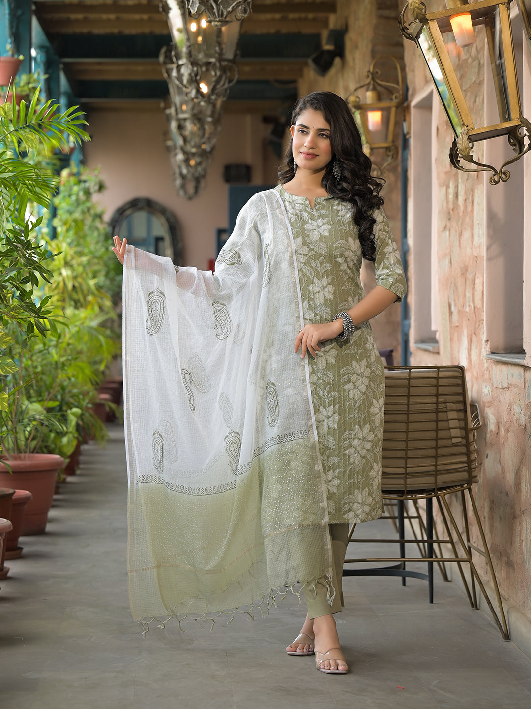 Noe Velarro Olive Green Cotton Kurta Pant with Dupatta