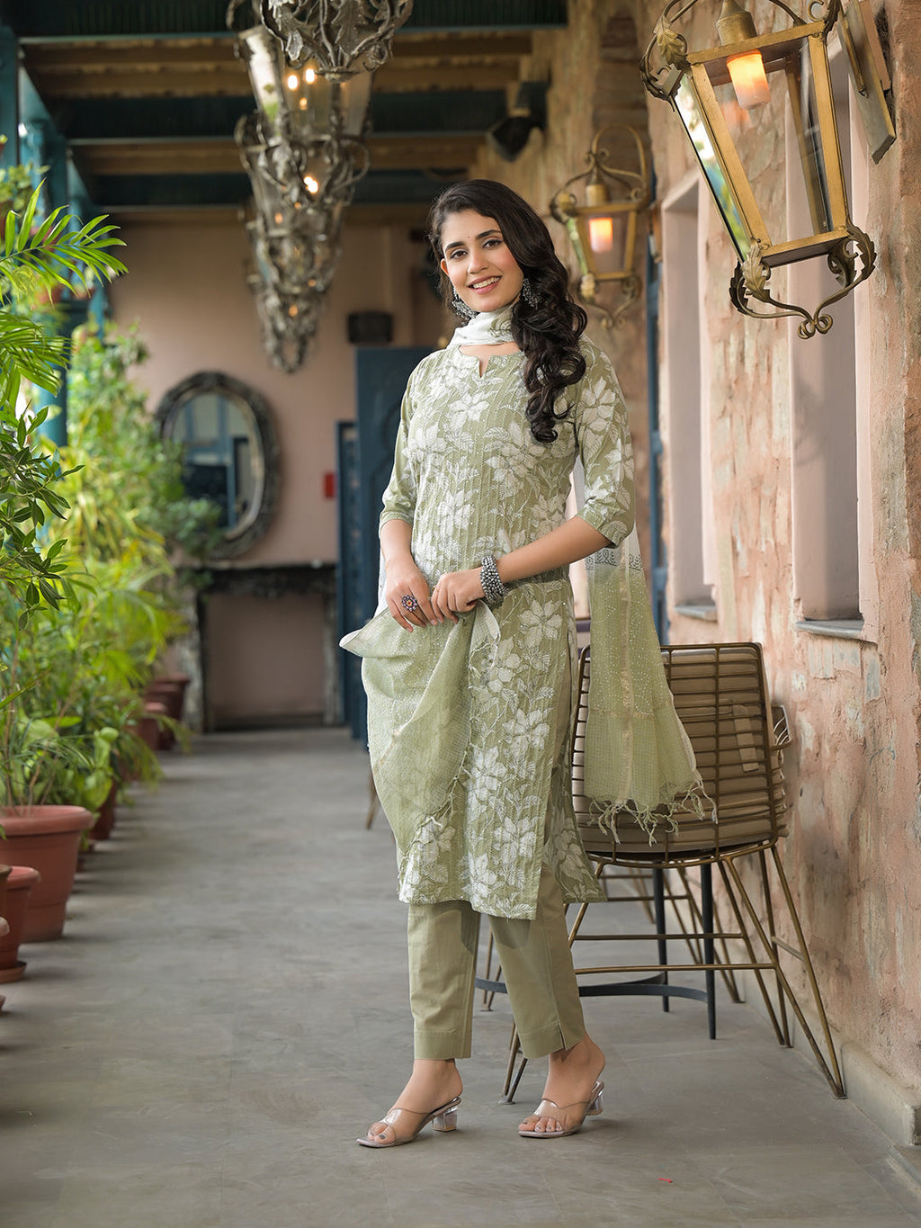 Noe Velarro Olive Green Cotton Kurta Pant with Dupatta