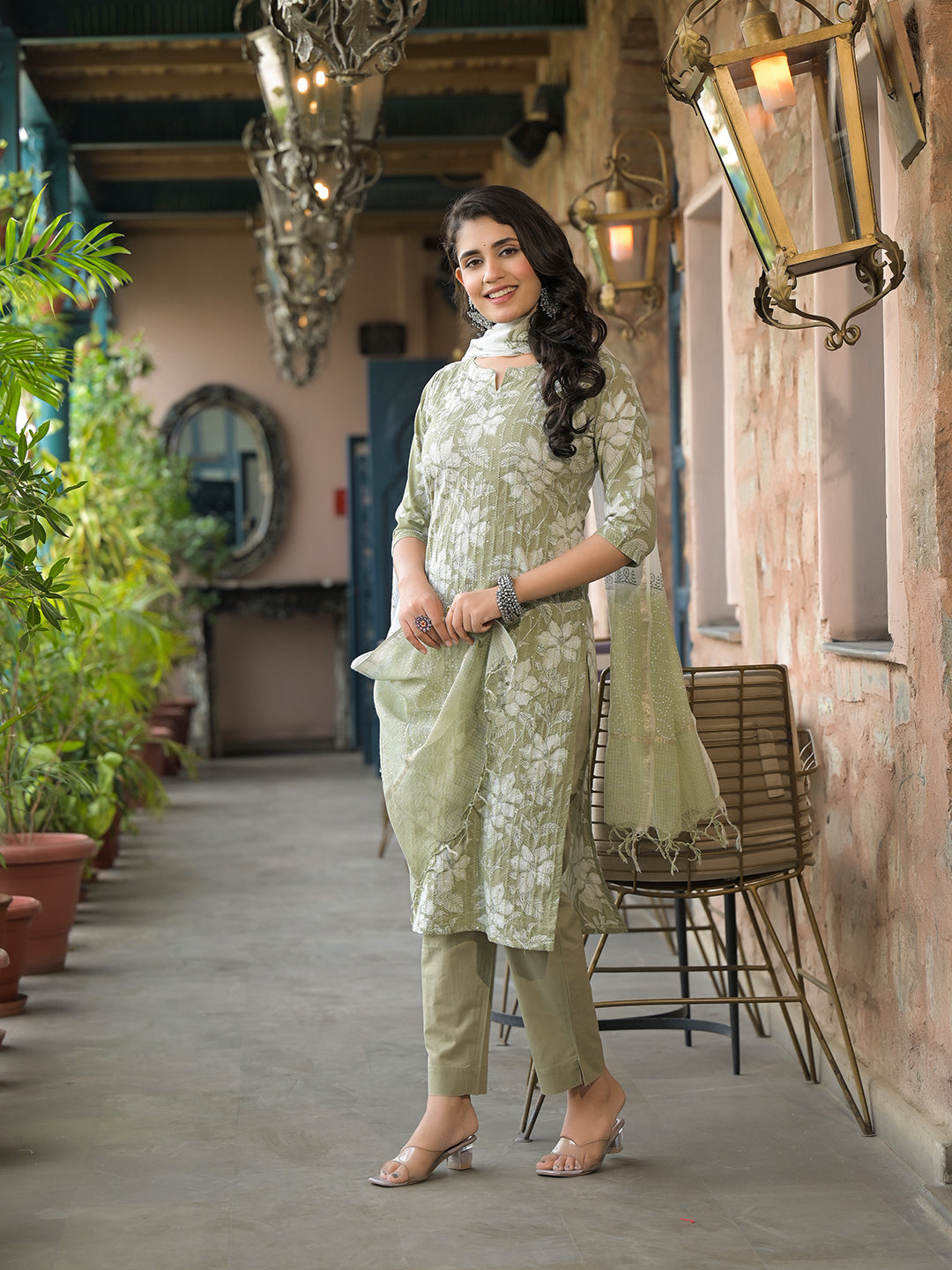 Noe Velarro Olive Green Cotton Kurta Pant with Dupatta