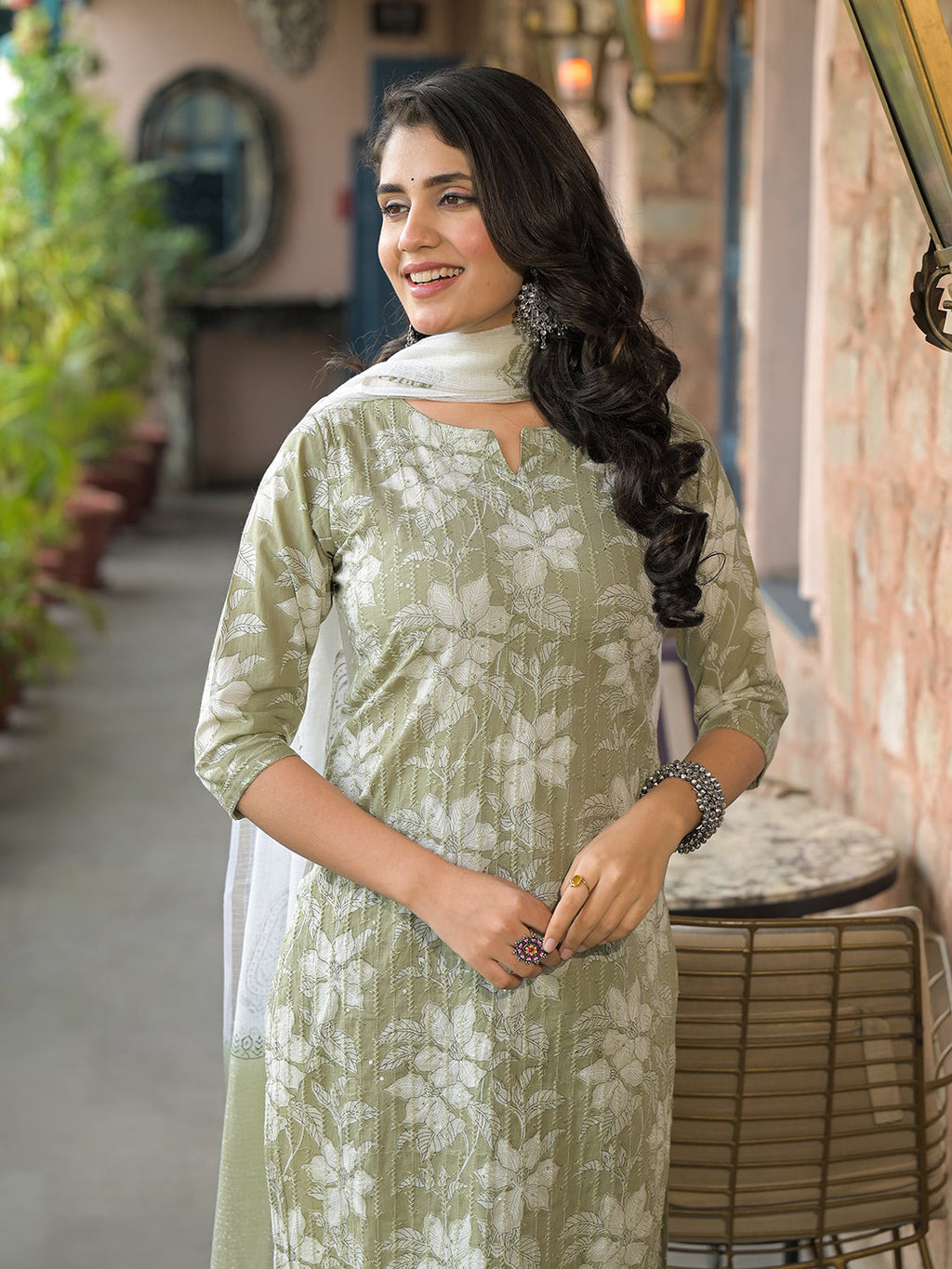 Noe Velarro Olive Green Cotton Kurta Pant with Dupatta