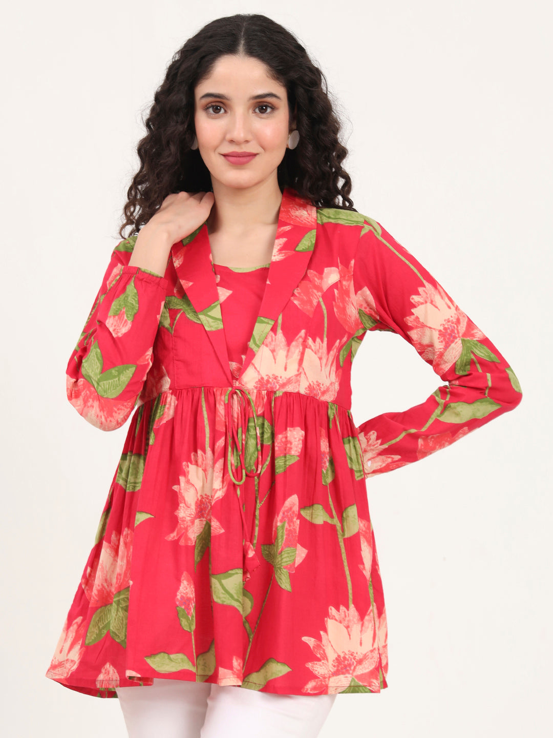 Noe Velarro Green Floral Printed Cotton Lepal Neck Peplum Top