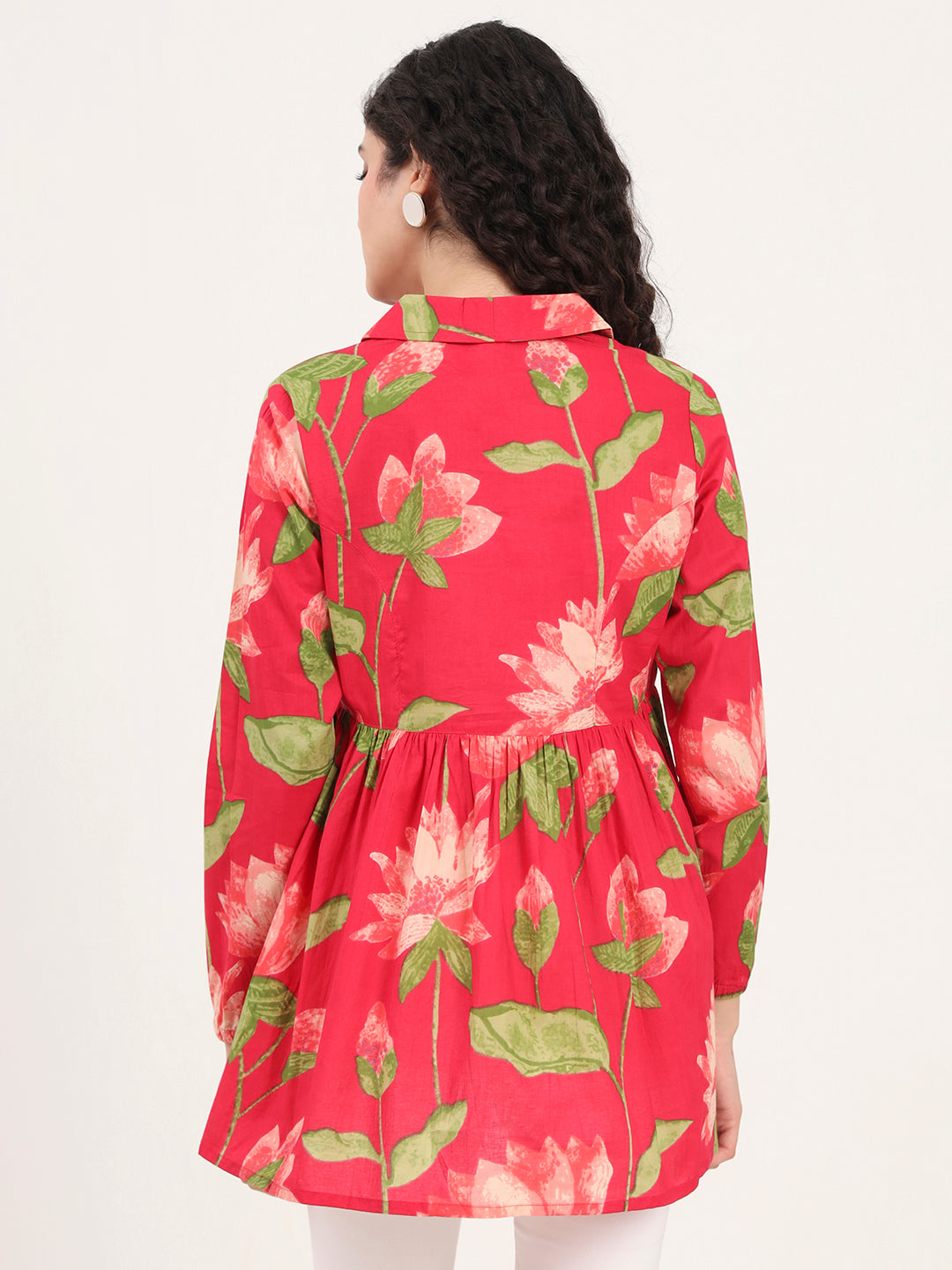 Noe Velarro Green Floral Printed Cotton Lepal Neck Peplum Top
