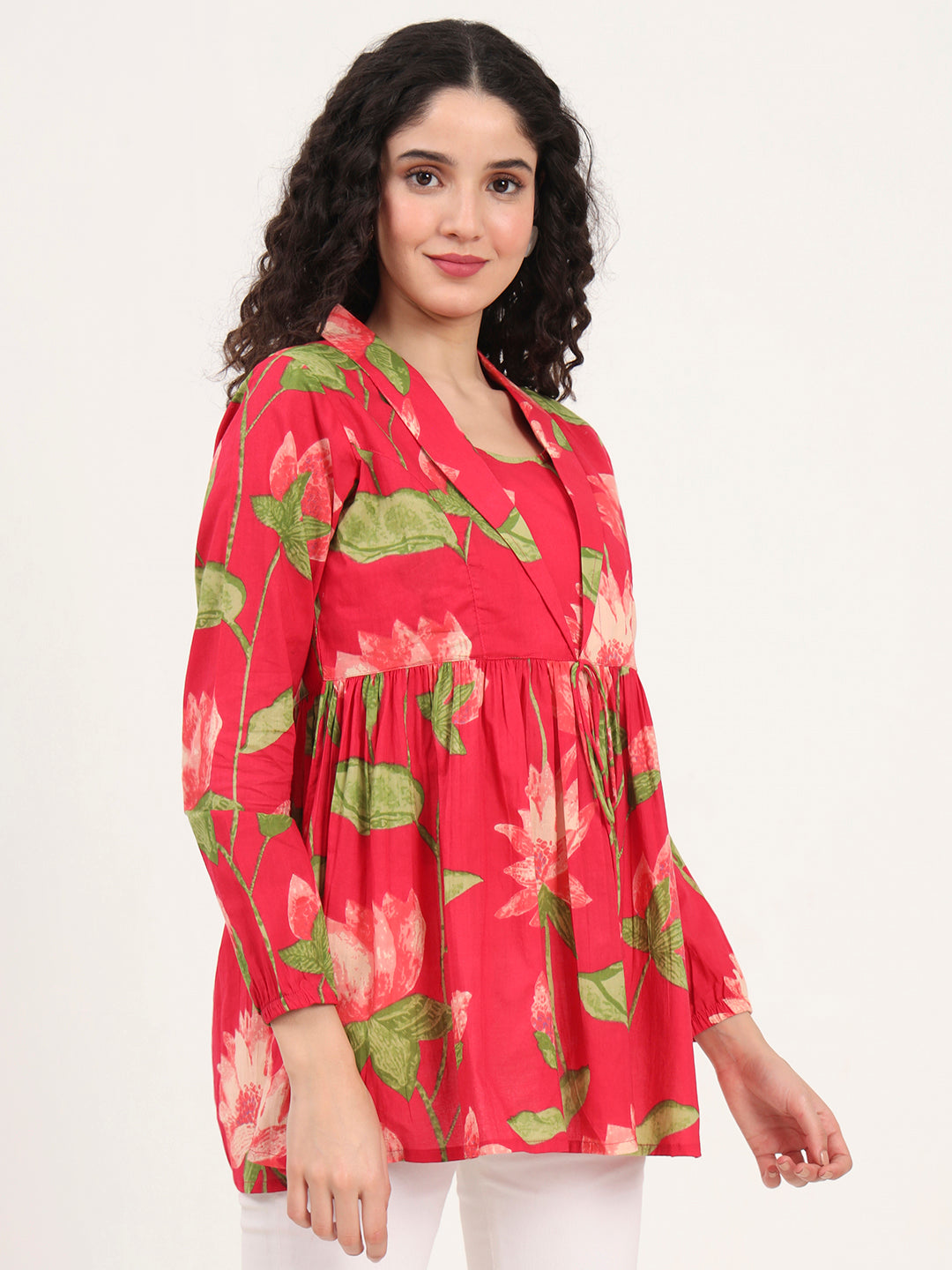 Noe Velarro Green Floral Printed Cotton Lepal Neck Peplum Top