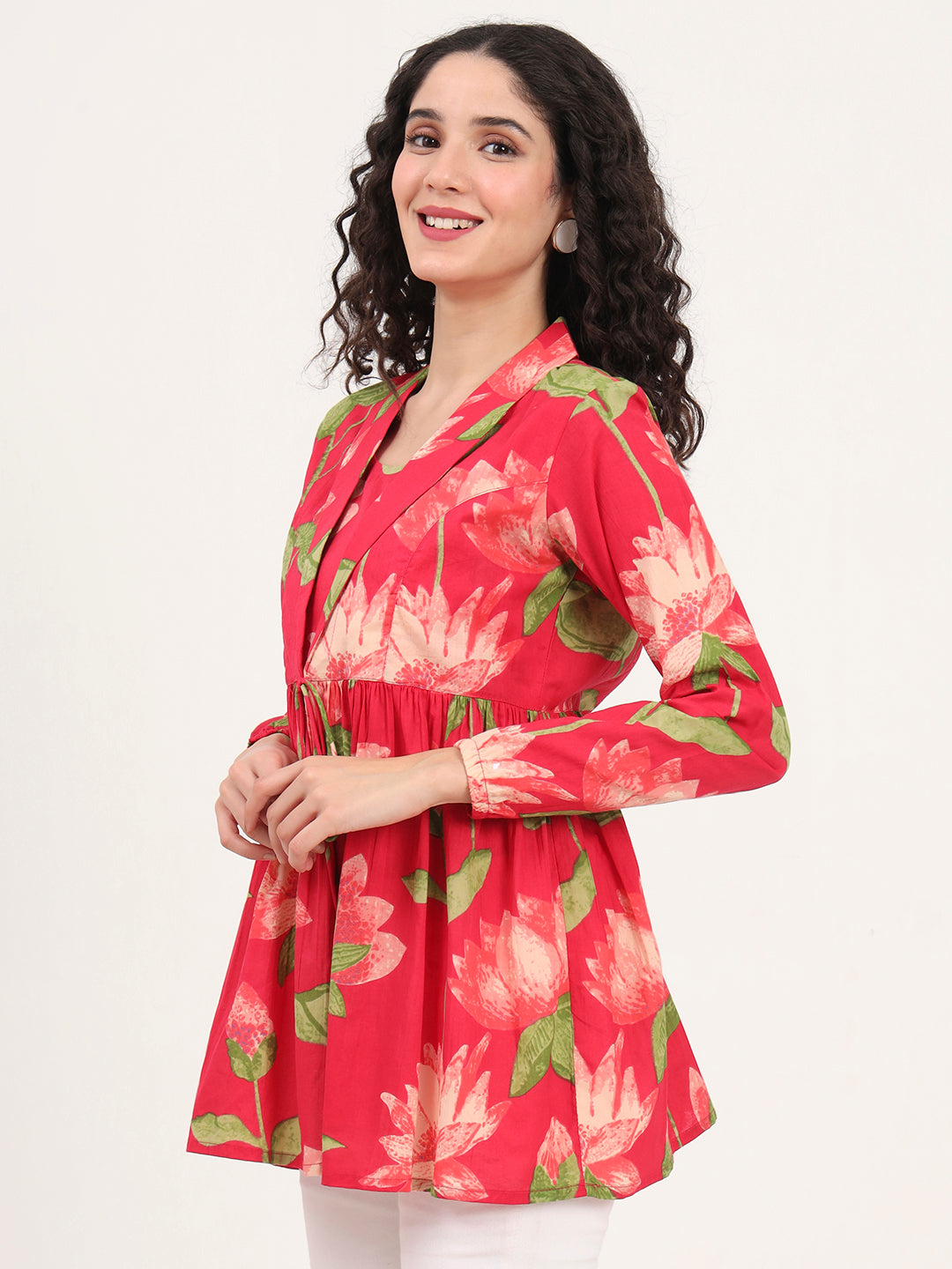 Noe Velarro Green Floral Printed Cotton Lepal Neck Peplum Top