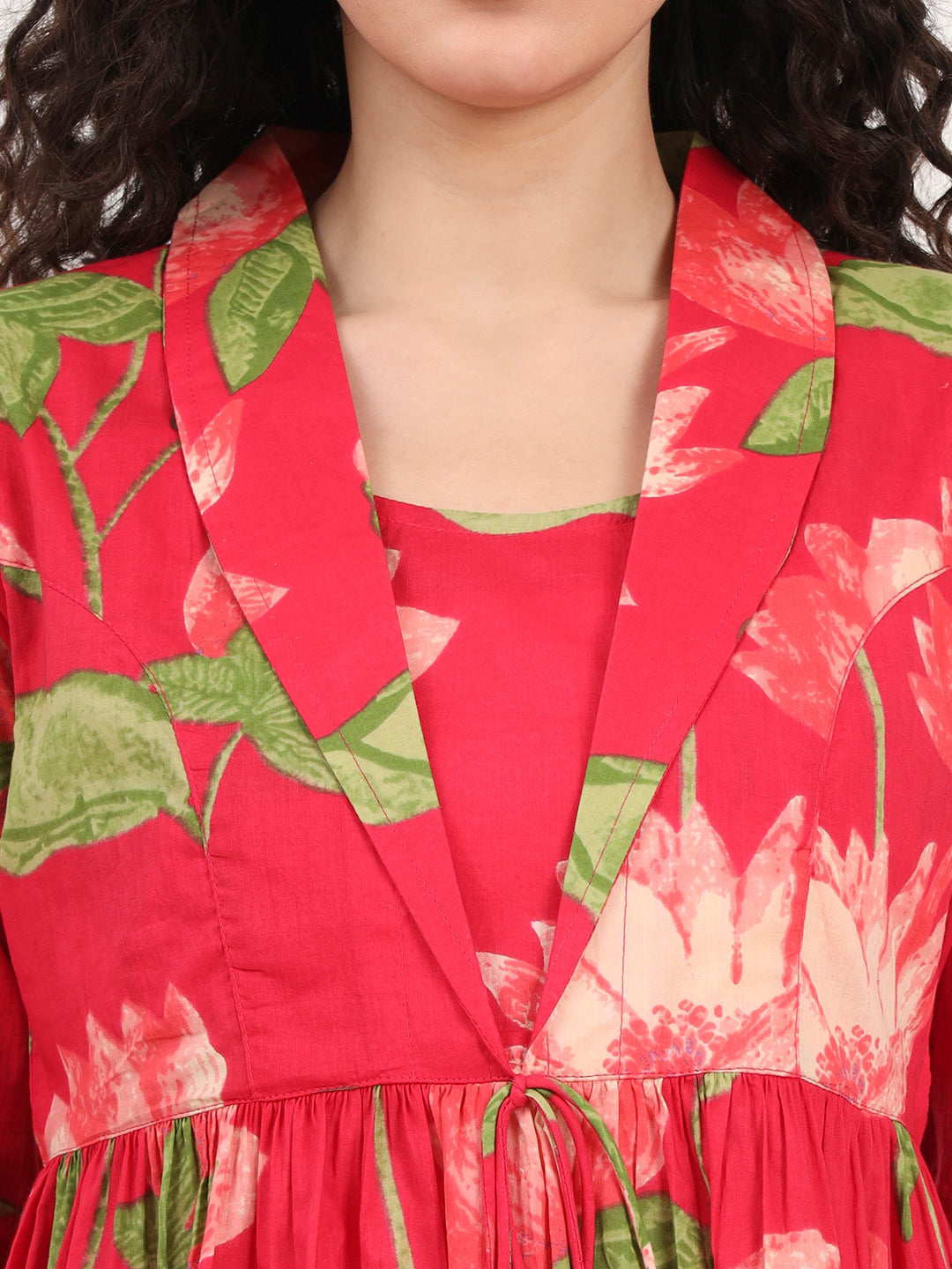 Noe Velarro Green Floral Printed Cotton Lepal Neck Peplum Top