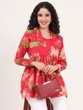 Noe Velarro Green Floral Printed Cotton Lepal Neck Peplum Top