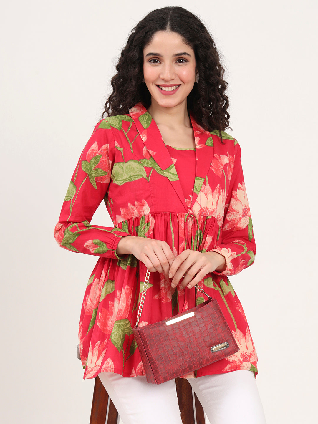Noe Velarro Green Floral Printed Cotton Lepal Neck Peplum Top