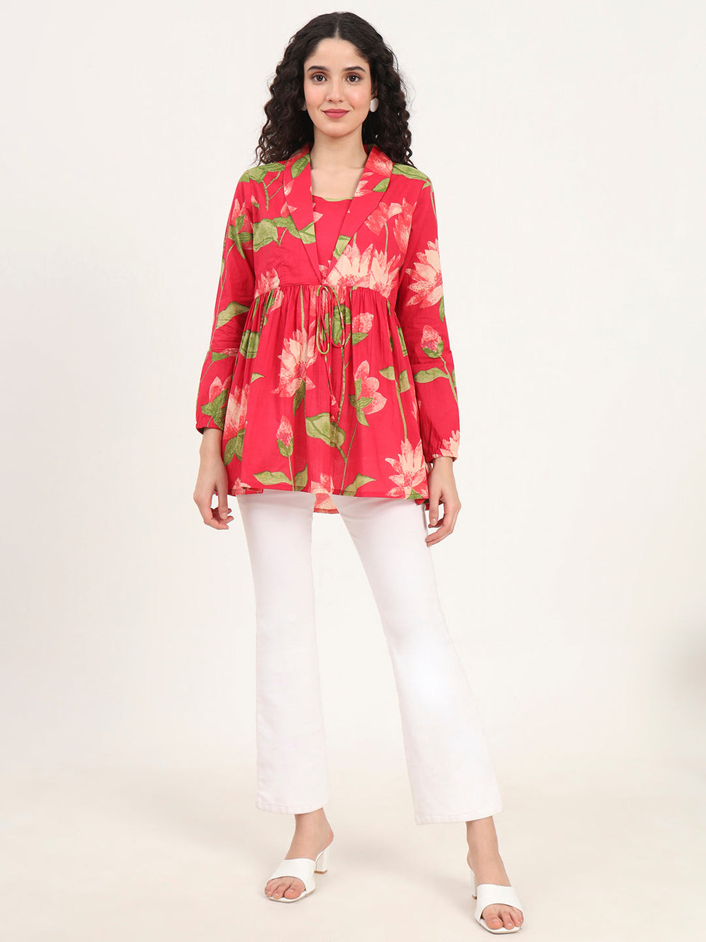 Noe Velarro Green Floral Printed Cotton Lepal Neck Peplum Top