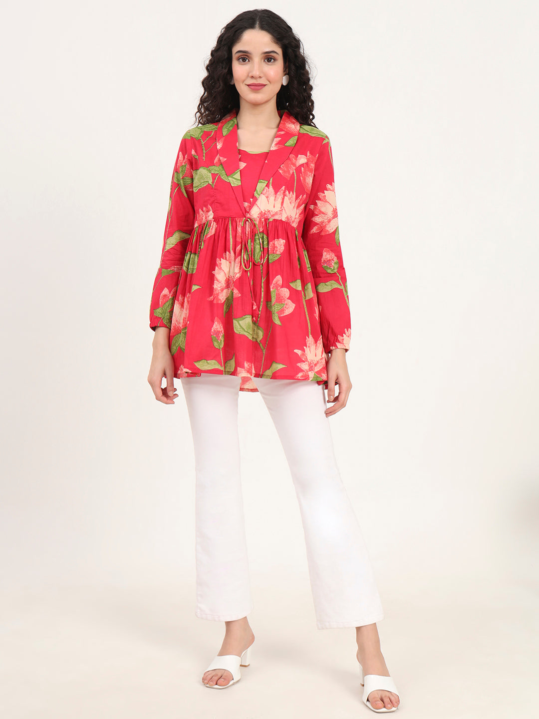 Noe Velarro Green Floral Printed Cotton Lepal Neck Peplum Top