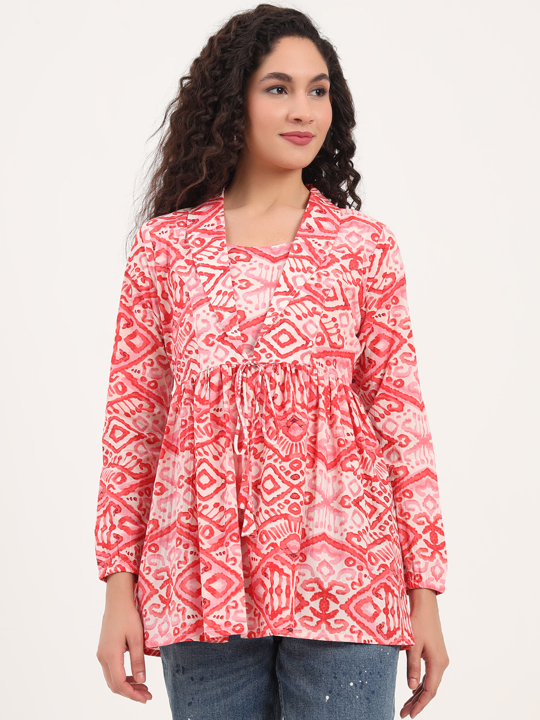Noe Velarro Red Floral Print Cotton Fabric Lepal Coller Peplum Top