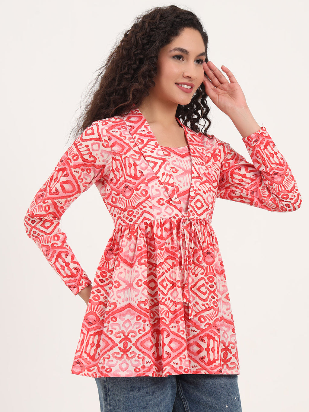 Noe Velarro Red Floral Print Cotton Fabric Lepal Coller Peplum Top