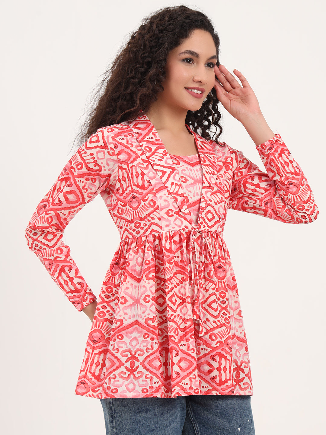 Noe Velarro Red Floral Print Cotton Fabric Lepal Coller Peplum Top