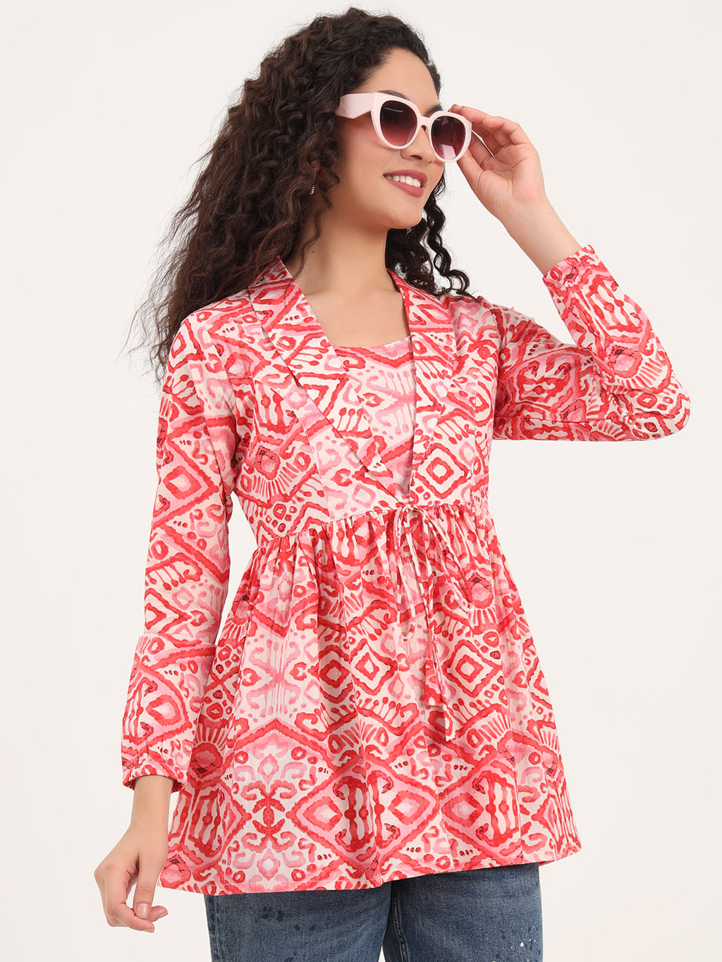 Noe Velarro Red Floral Print Cotton Fabric Lepal Coller Peplum Top