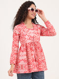 Noe Velarro Red Floral Print Cotton Fabric Lepal Coller Peplum Top