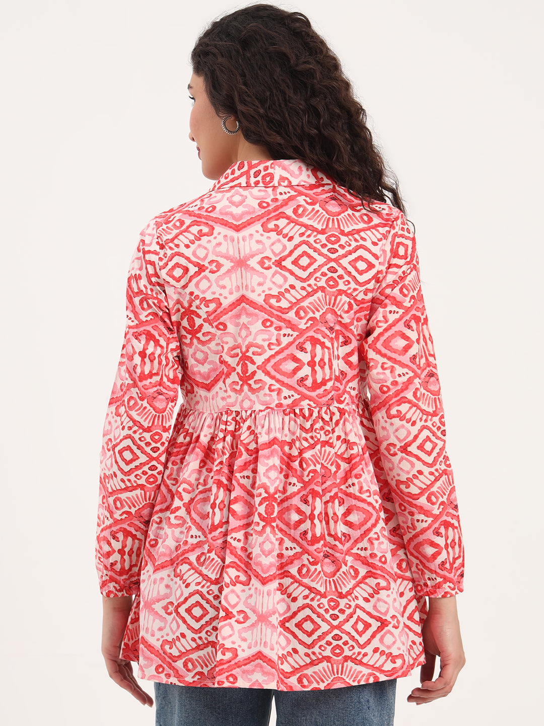 Noe Velarro Red Floral Print Cotton Fabric Lepal Coller Peplum Top