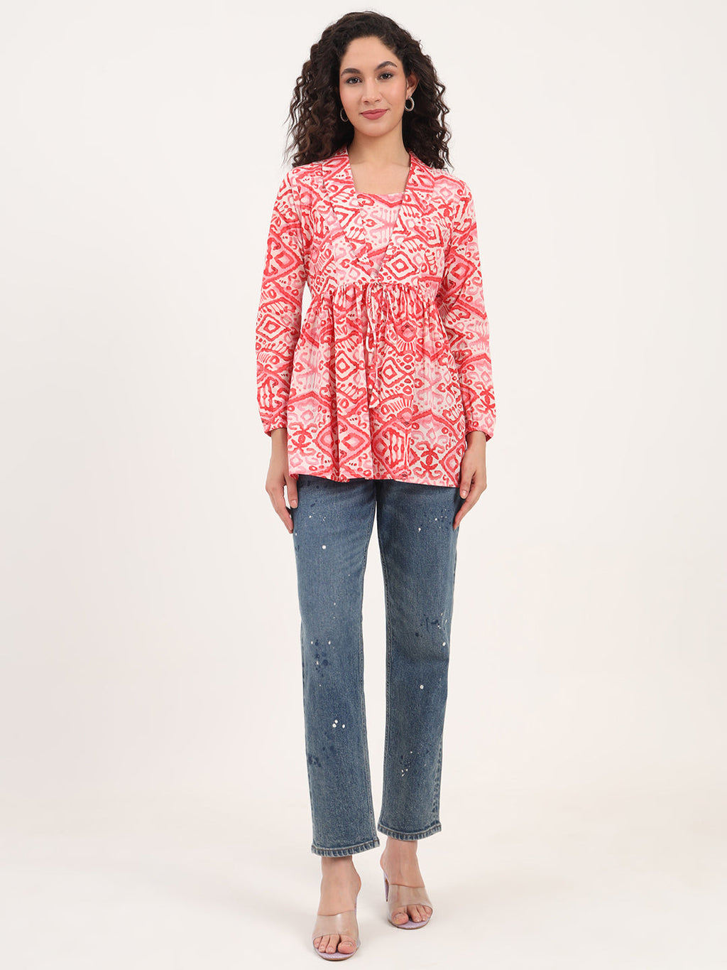 Noe Velarro Red Floral Print Cotton Fabric Lepal Coller Peplum Top