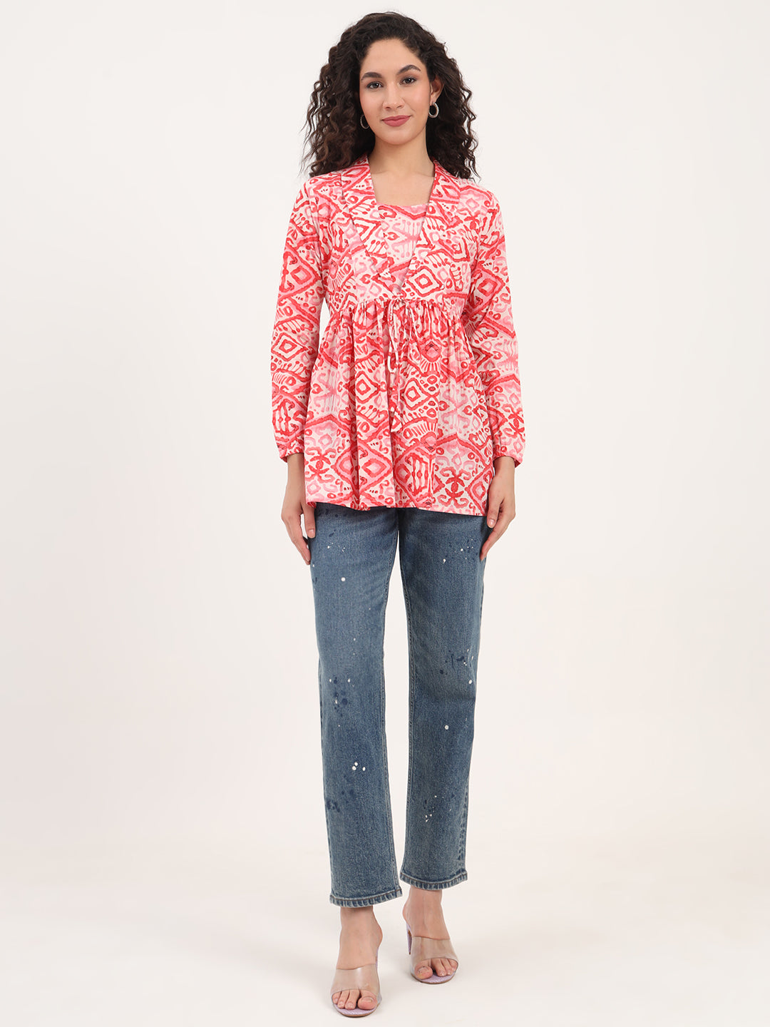 Noe Velarro Red Floral Print Cotton Fabric Lepal Coller Peplum Top