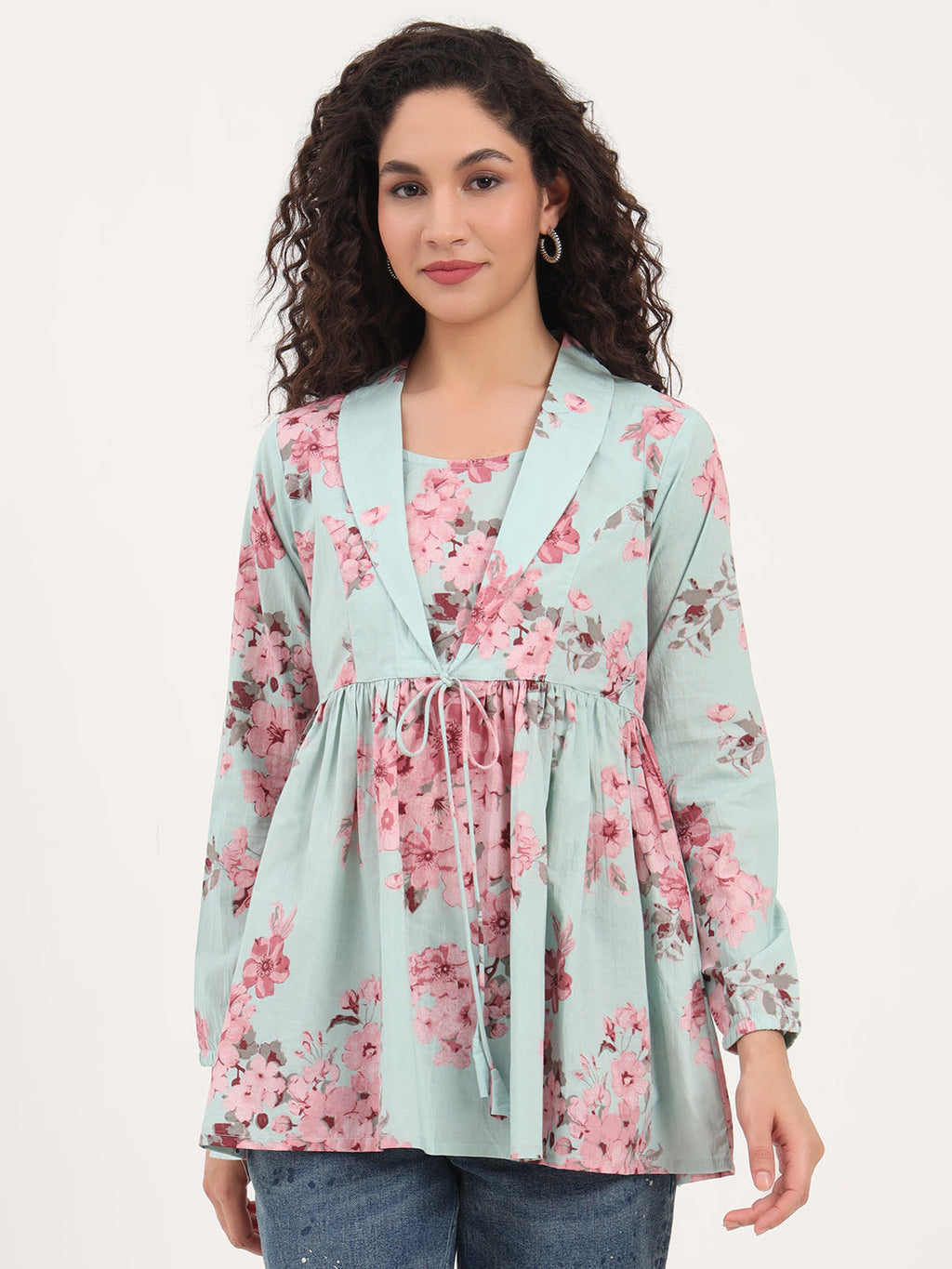 Noe Velarro Turquoise Floral Print Cotton Fabric Lepal Coller Peplum Top