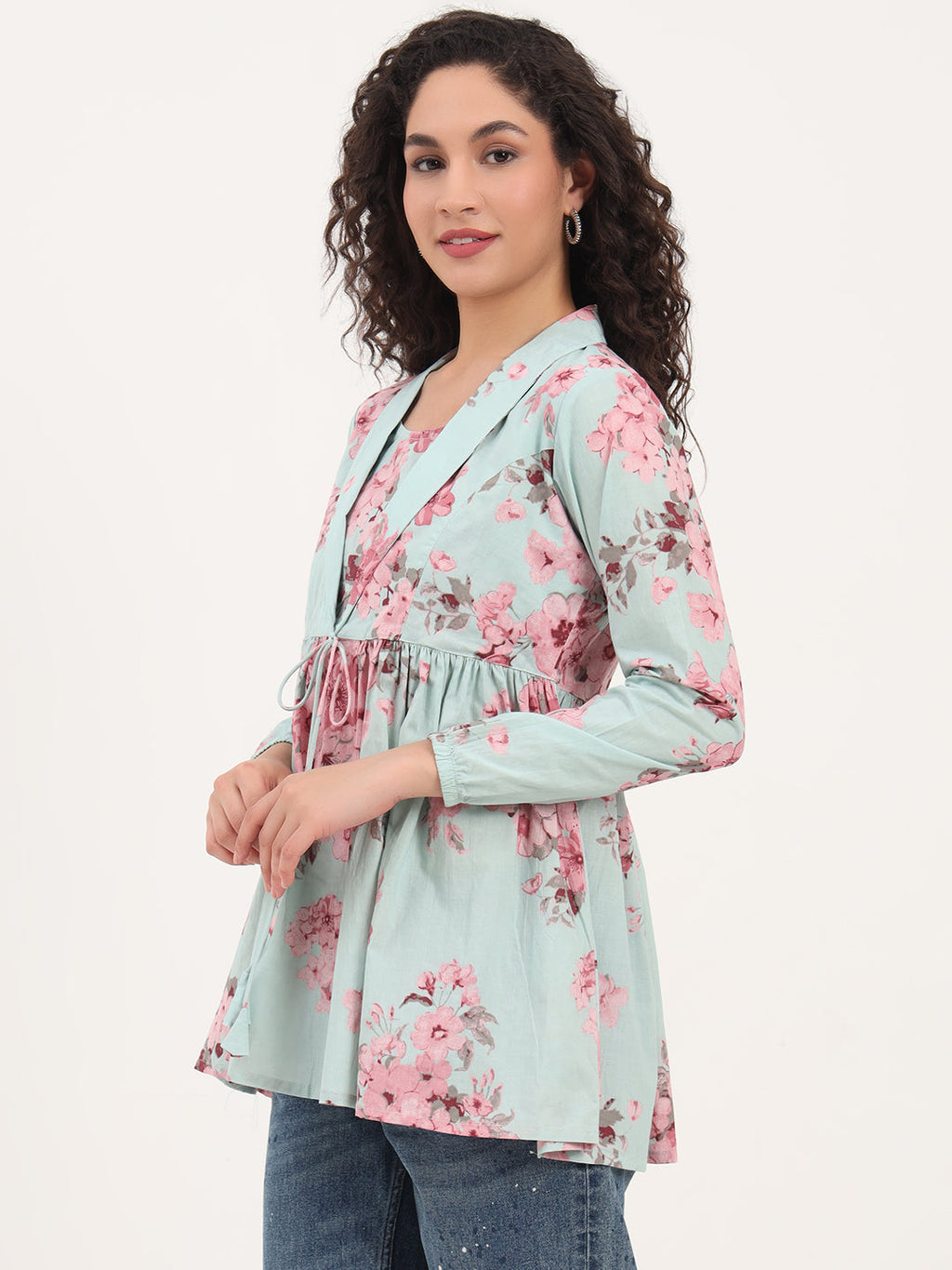 Noe Velarro Turquoise Floral Print Cotton Fabric Lepal Coller Peplum Top