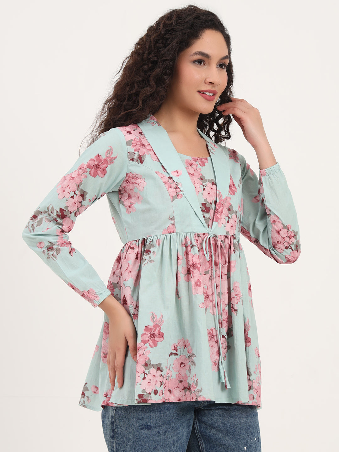 Noe Velarro Turquoise Floral Print Cotton Fabric Lepal Coller Peplum Top
