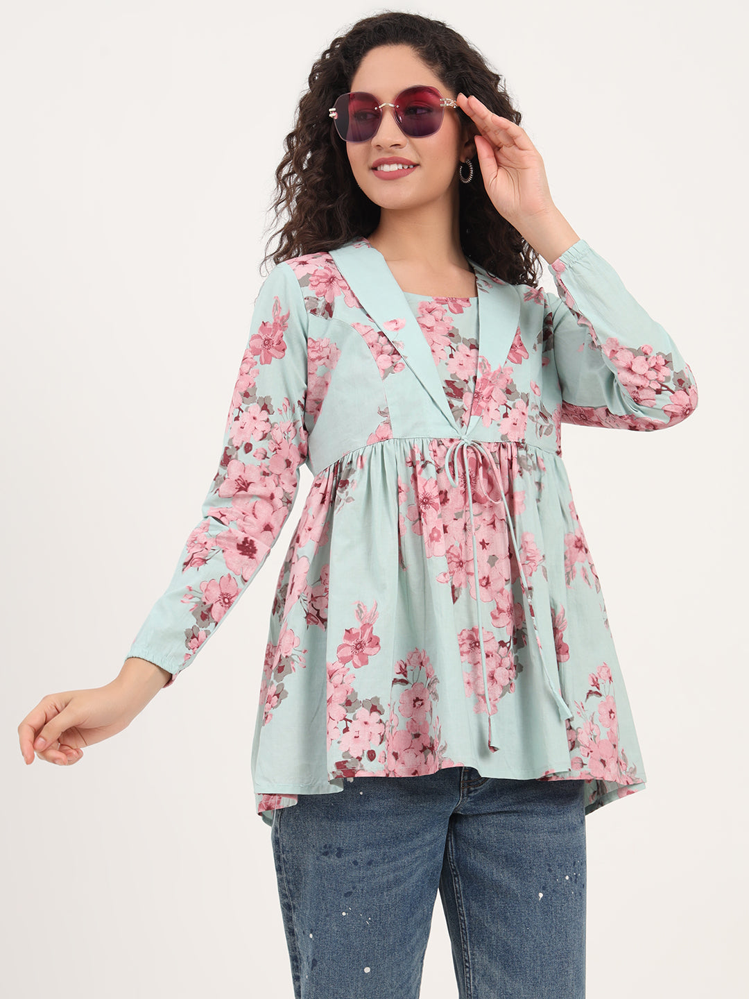 Noe Velarro Turquoise Floral Print Cotton Fabric Lepal Coller Peplum Top