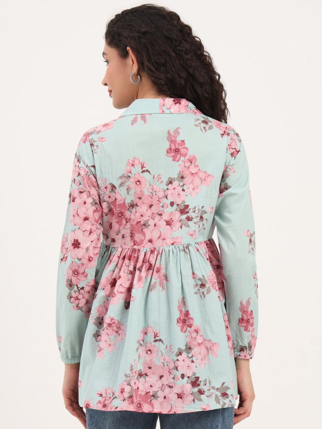 Noe Velarro Turquoise Floral Print Cotton Fabric Lepal Coller Peplum Top