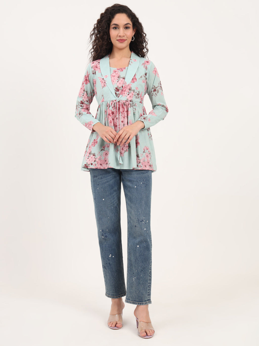 Noe Velarro Turquoise Floral Print Cotton Fabric Lepal Coller Peplum Top