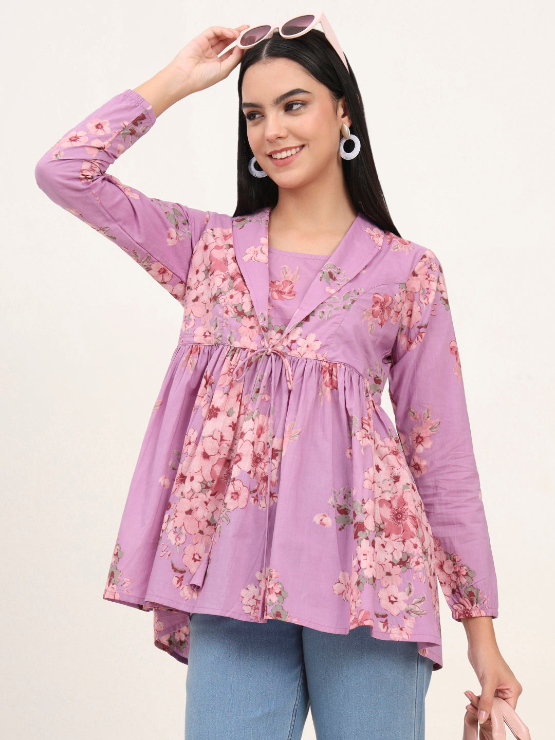 Noe Velarro Purple Floral Print Cotton Fabric Lepal Coller Peplum Top