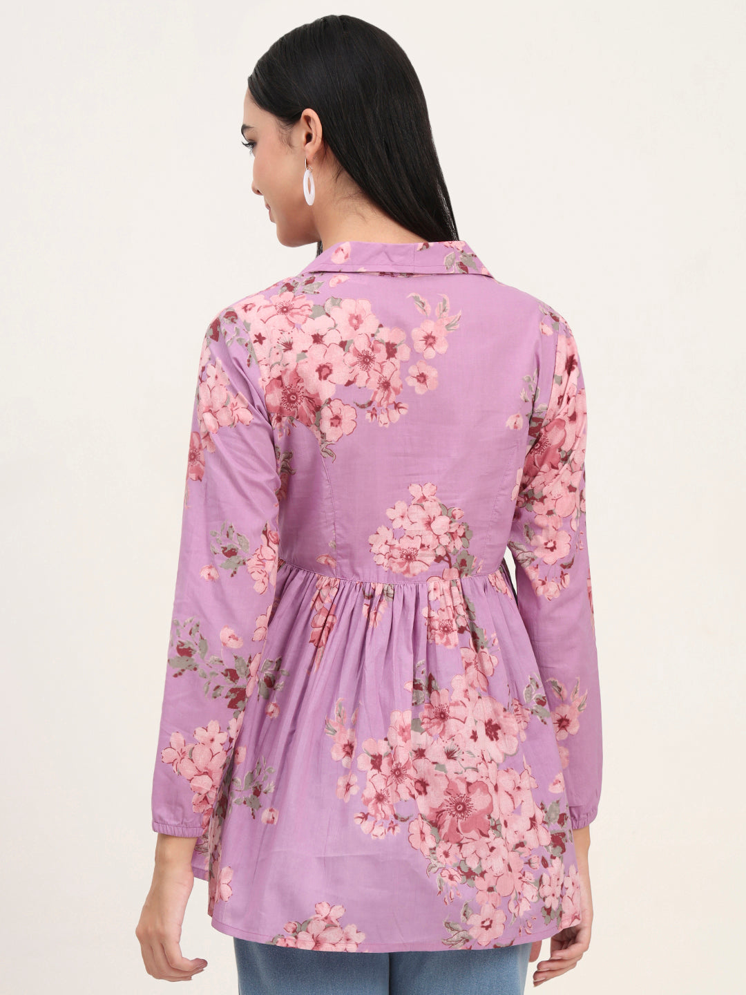 Noe Velarro Purple Floral Print Cotton Fabric Lepal Coller Peplum Top